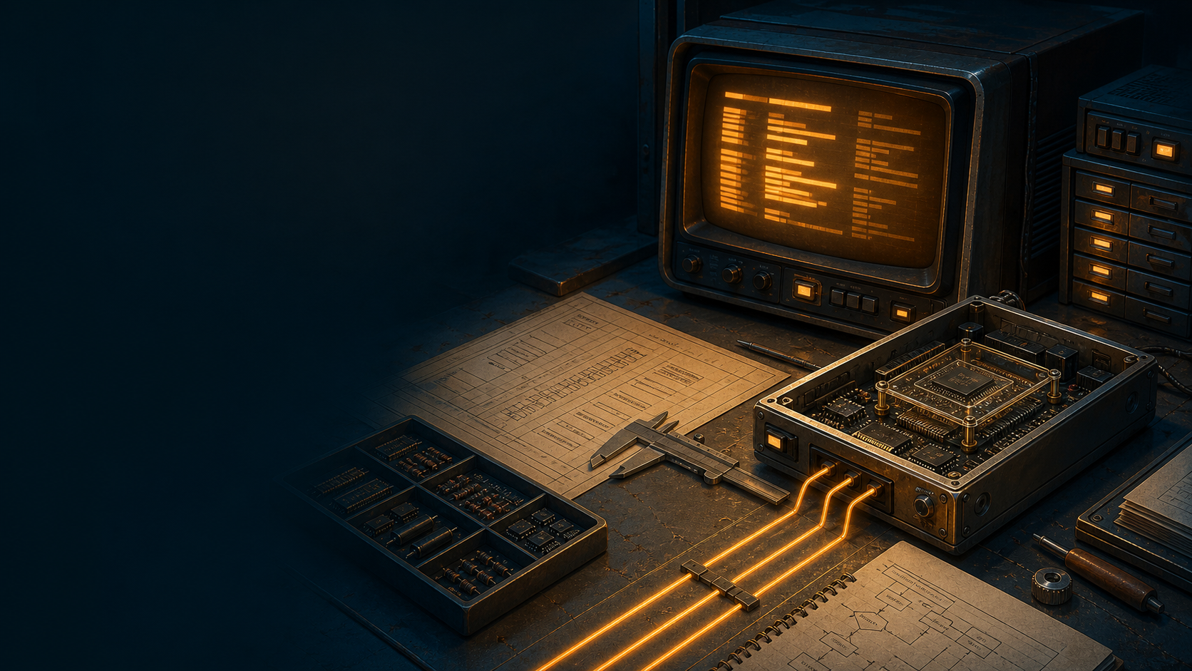 A retrofuturist engineering bench with amber source code,
measuring instruments, technical plans, and carefully arranged
electronic components, representing disciplined construction in C.