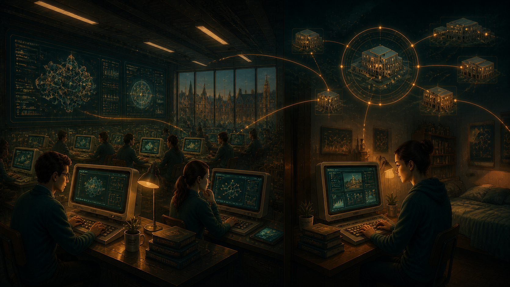 A student leaves a university computer science lab and continues the same Mercurius session from their dorm room.