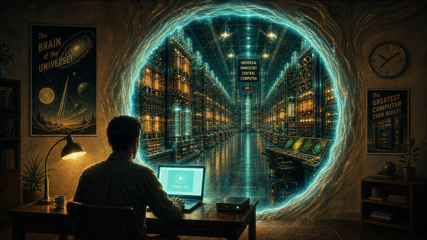 An ordinary user at a laptop facing a dimensional portal into a vast retrofuturist supercomputer hall.