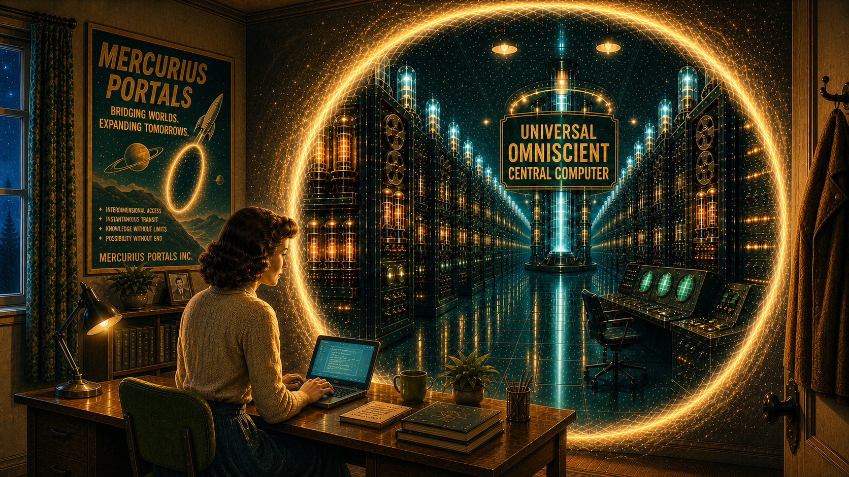 An ordinary user at a laptop looking through a dimensional portal into an immense retrofuturist computer hall in another space.