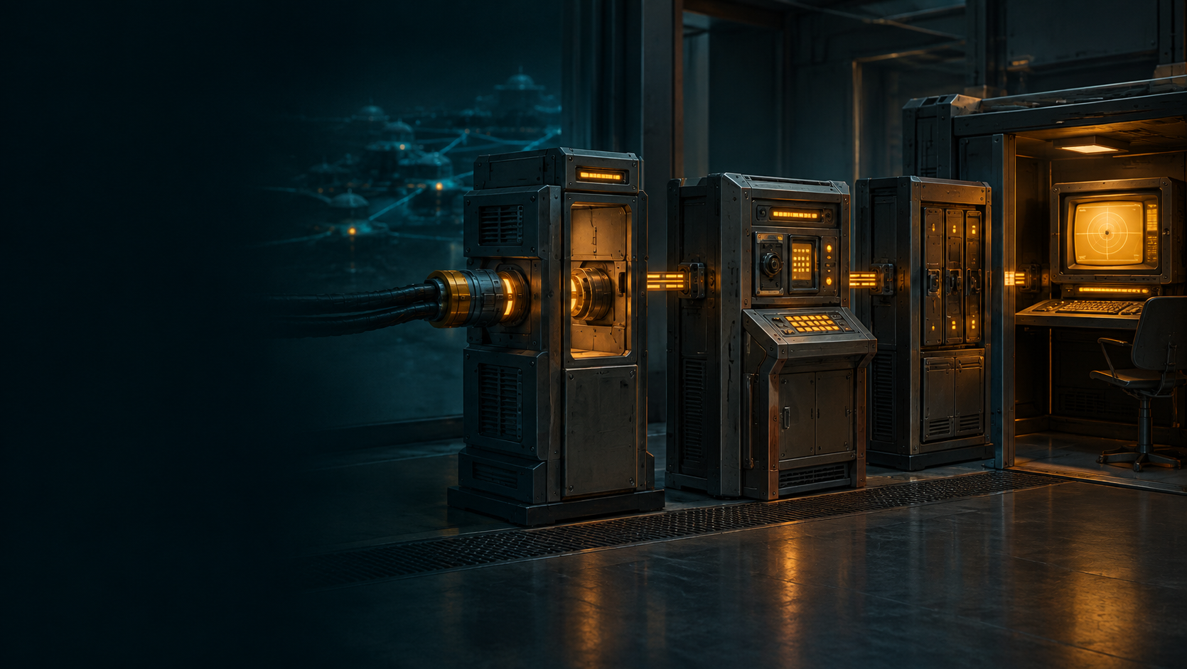 A retrofuturist workstation console behind three separate
illuminated security gates, with amber signal paths entering from a dark
teal network.