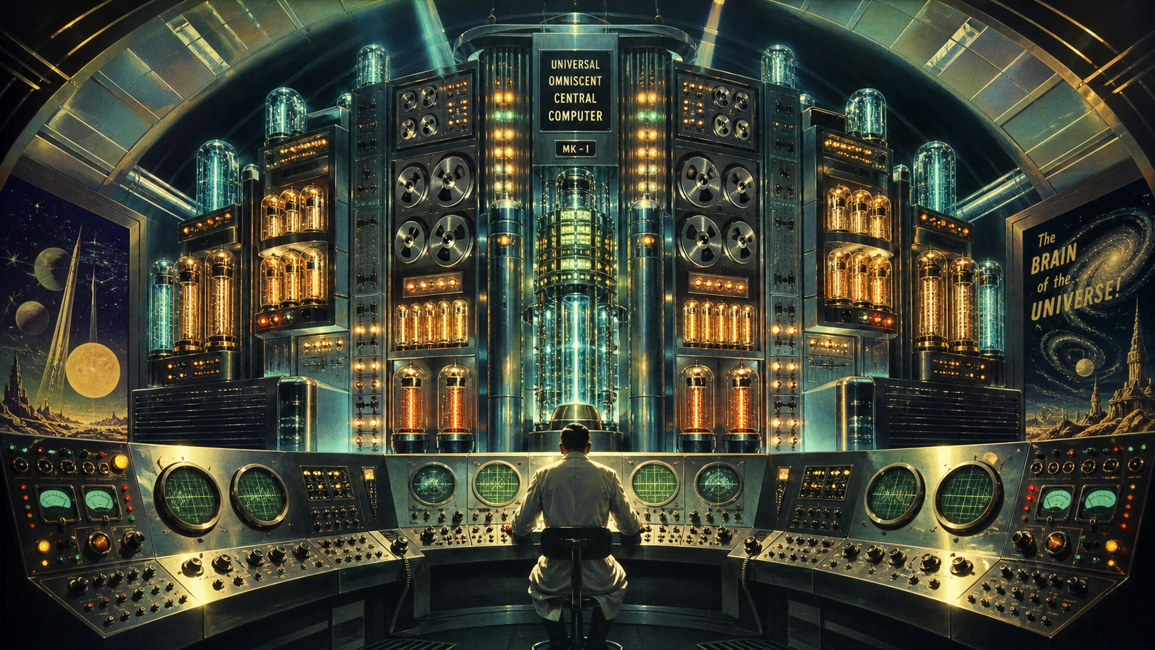 A retrofuturist operator seated at the Universal Omniscient Central Computer in a vast computer hall.
