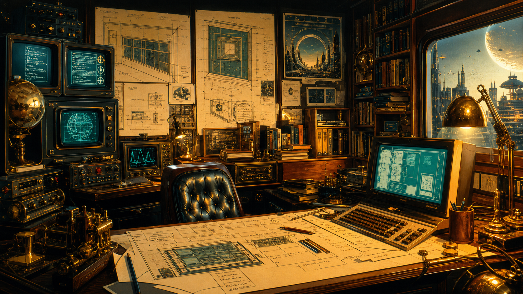 A retrofuturist desk with technical plans, diagrams, and equipment for a large computer system.