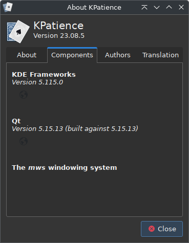 About KPatience dialog box displaying application components, showing KDE Frameworks 5.115.0, Qt 5.15.13, and 'The mws windowing system' listed as a first-class backend.