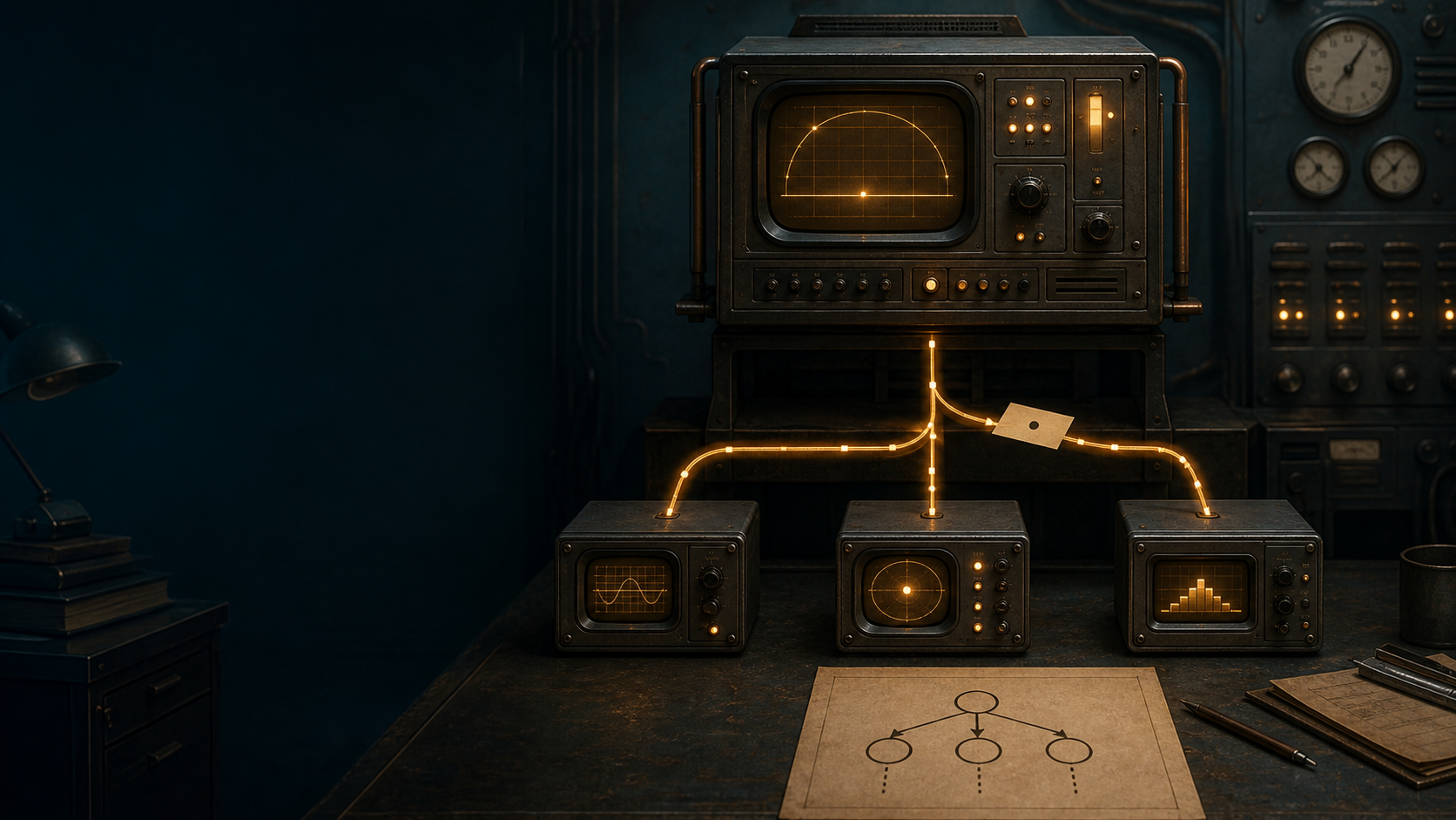 A retrofuturist engineering console with independent
modules linked by orderly glowing paths, representing cooperating
objects, message passing, and explicit ownership.