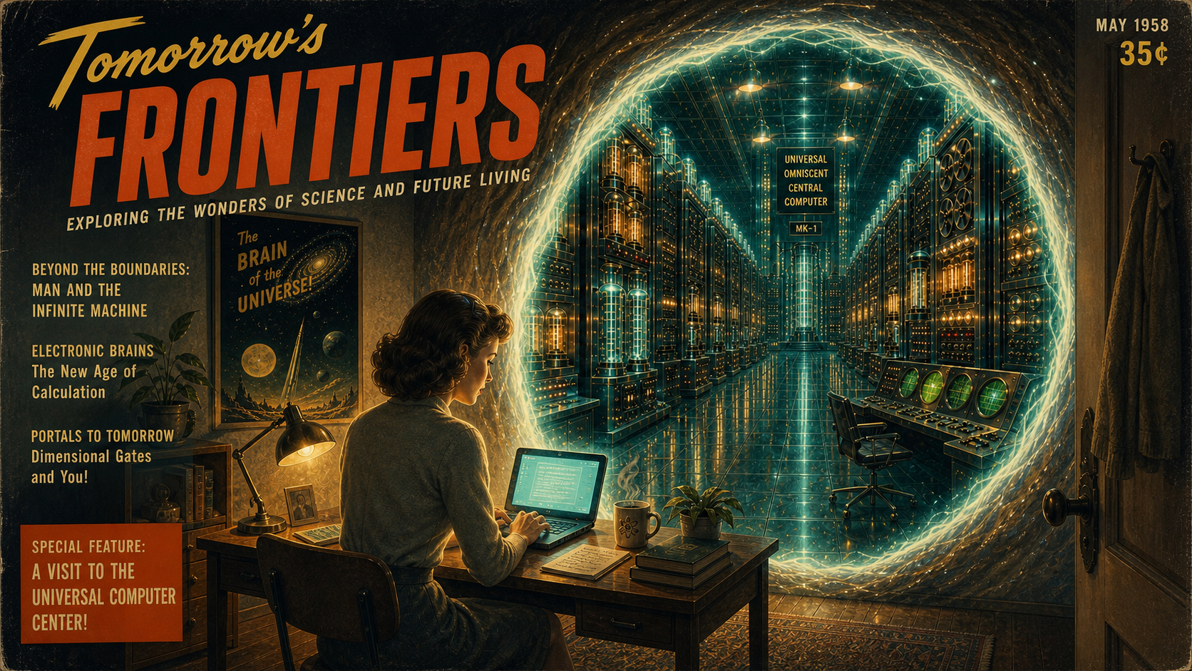 A retrofuturist poster titled Tomorrow’s Frontiers, showing portals and a monumental remote computer hall, evoking Mercurius as a gateway to powerful machines.