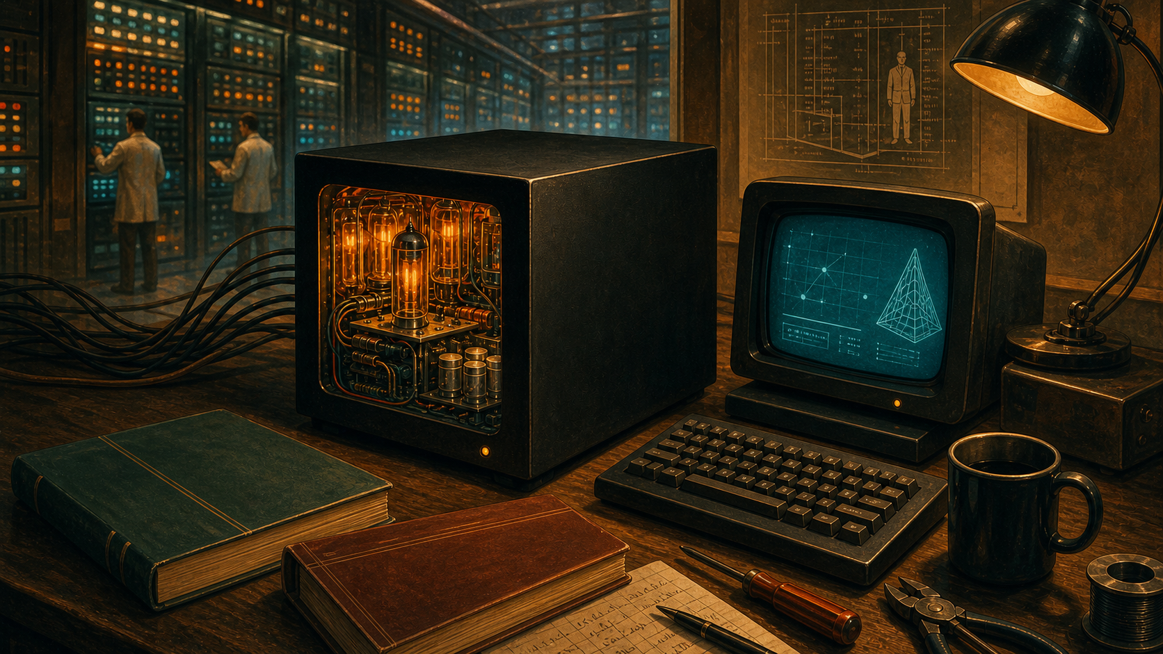 A compact black cube workstation with vacuum tubes glowing inside, shown in a golden‑age sci‑fi style.